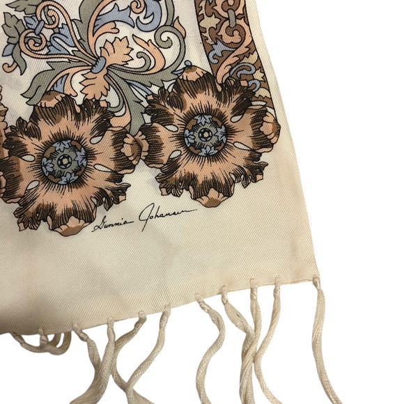 Vintage Ginnie Johansen 100% Silk Scarf Floral Paisley Print Satin Fringe Boho - Picture 8 of 10